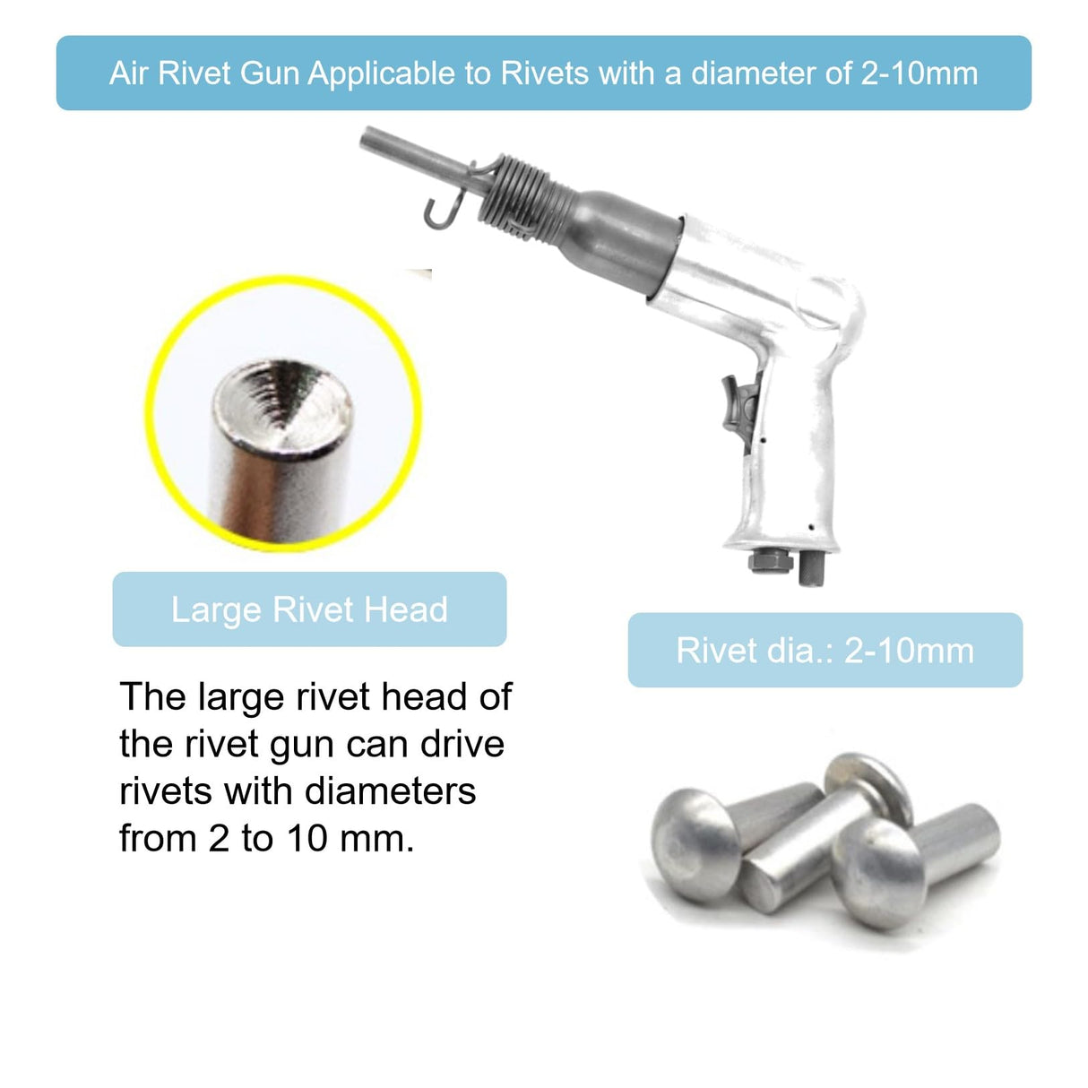 Solid Rivet Tool, Rivets Nut Gun Tool 1/4 Inch Inlet Port Handheld Air Rivet Gun Applicable to Rivet with a Diameter of 2-10mm(0.08-0.4inch) Suitable SALUTUYA