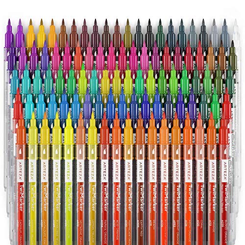 ARTEZA Dual Tip Brush Markers, Set of 100 Colors, Art Markers with Fine & Brush Tips, Markers for Adult Coloring, Calligraphy, Sketching, Doodling,