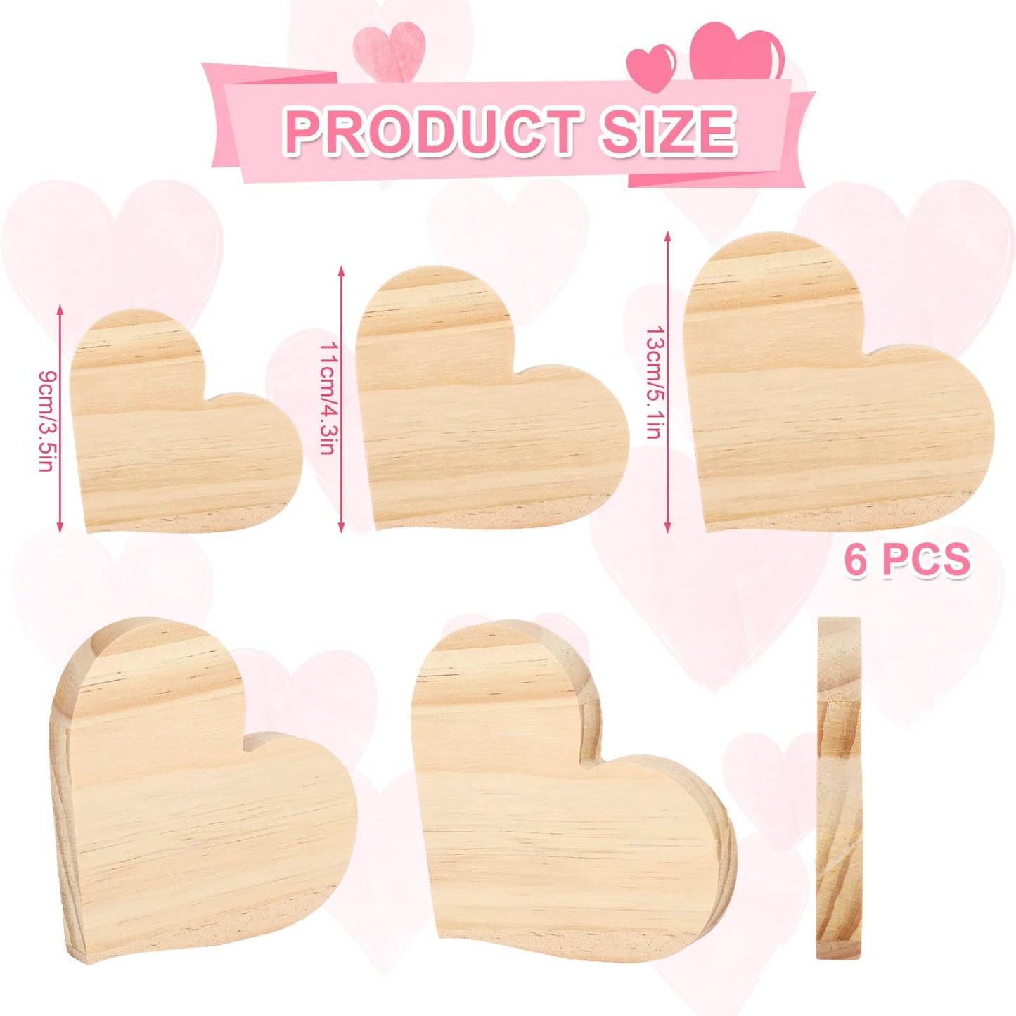 Whaline 6Pcs Valentine's Day Heart Shaped Table Wooden Sign Unfinished Blank Heart Pine Wood Slice Double-Sided Tabletop Heart Decor for Wedding