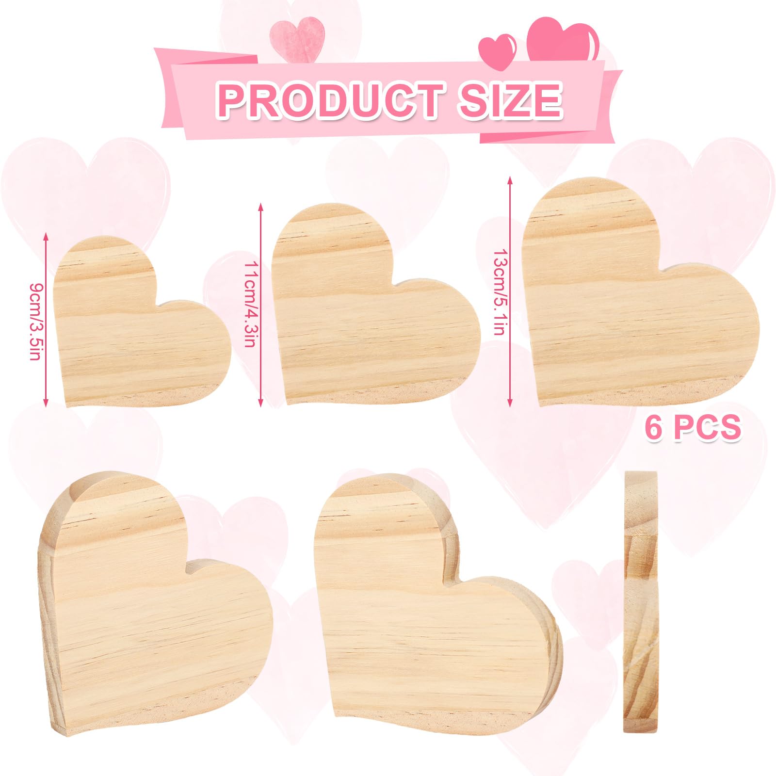 Whaline 6Pcs Valentine's Day Heart Shaped Table Wooden Sign Unfinished Blank Heart Pine Wood Slice Double-Sided Tabletop Heart Decor for Wedding - WoodArtSupply