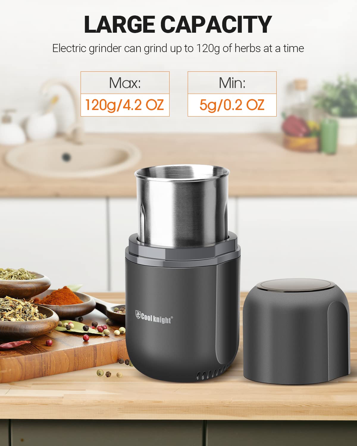 COOL KNIGHT Herb Grinder Electric Spice Grinder [Large Capacity/High Rotating Speed/Electric]- Electric Grinder for Spices and Herbs (Grey 2) COOL KNIGHT