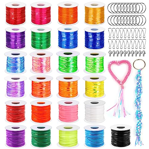 cridoz Lanyard String Kit, Boondoggle String with 25 Rolls Plastic Lacing Cord and 50Pcs Keychain Lanyard Accessories, Gimp String Lanyard Weaving cridoz