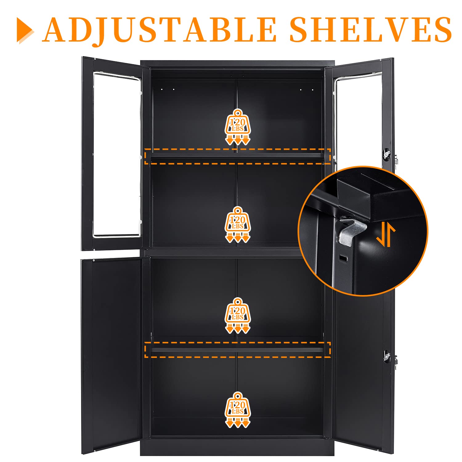 Anxxsu Black Metal Storage Cabinet with Glass Doors, 71" Locking Glass Door Cabinet with 2 Adjustable Shelves, Steel Storage Cabinet with 4 Doors for Anxxsu