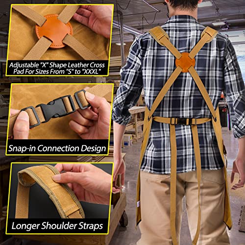 UUP Woodworking Apron for Men 20 oz Work Apron for Men with 9 Tool Pockets, Heavy Duty Waxed Canvas Apron Fit for Size S to XXL, Khaki