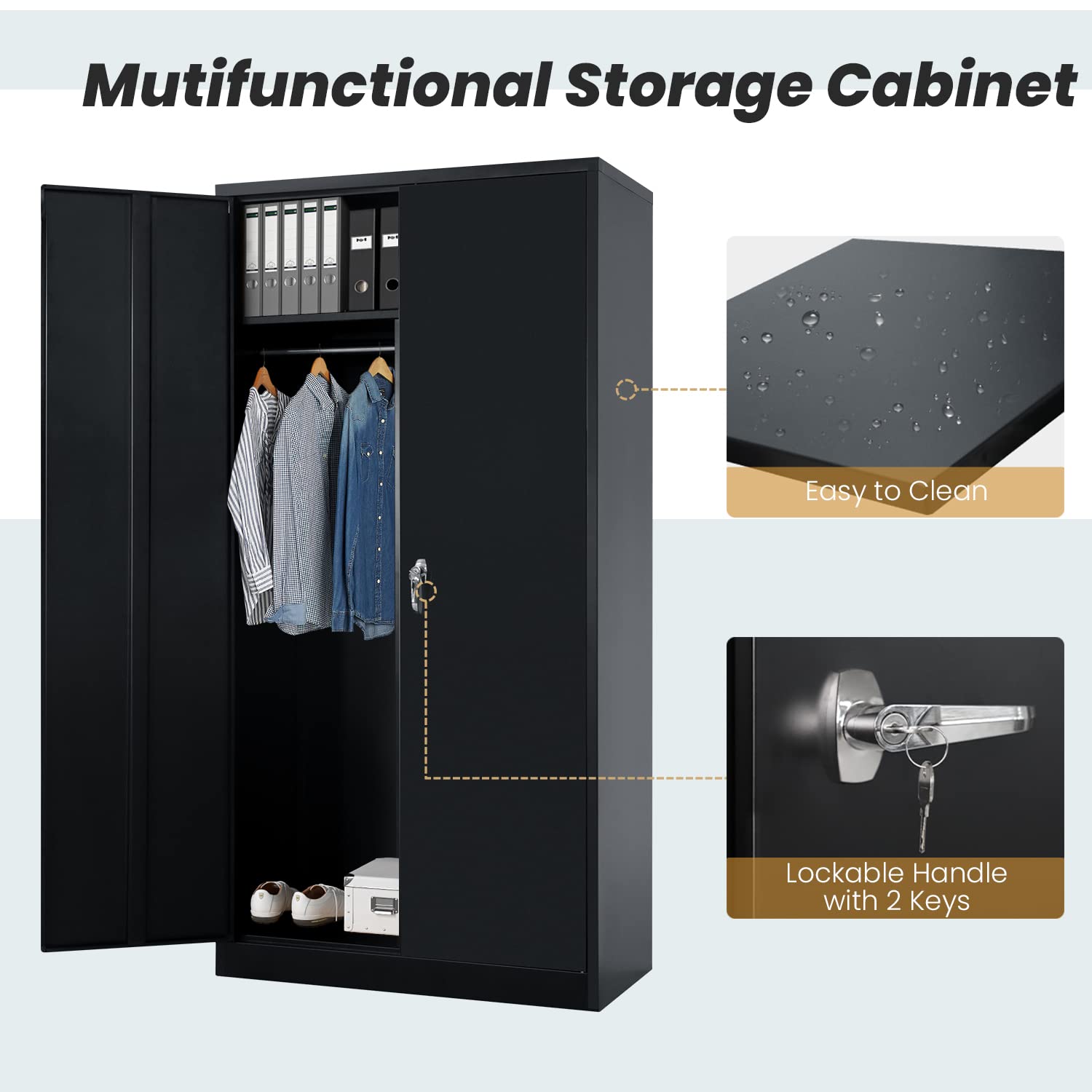 INTERGREAT Metal Storage Cabinet, 72" Armoire Wardrobe Closet with Lock Doors and Adjustable Shelves, Locking Storage Cabinet with Hanging Rods for INTERGREAT