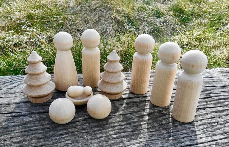 Nativity Wood Dolls, Baby Jesus and Manger, Mary, Joseph, 2 Blank Sheep, 3 Wisemen, 2 Miniature Trees, DIY Peg Dolls, Unfinished Pegs Generic