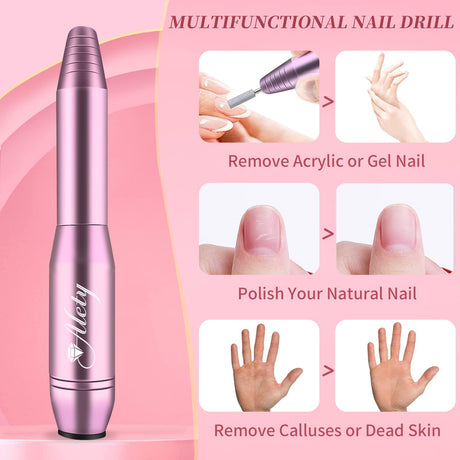 Alety Electric Nail Drill Kit, Portable Electric Nail File for Acrylic Gel Nails, Professional Nail Drill Machine Efile Manicure Pedicure Tools with Alety
