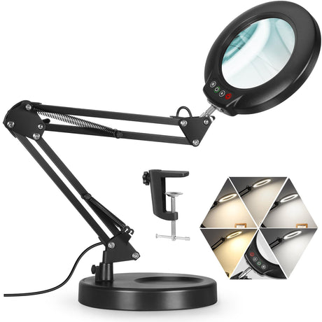 Veemagni 10X Magnifying Glass with Light, 5 Color Modes Stepless Dimmable 2-in-1 Desk Lamp and Clamp, LED Lighted Magnifier with Light and Stand, Veemagni