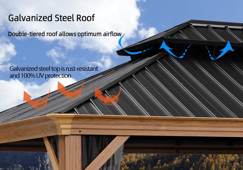 PURPLE LEAF 12' X 20' Outdoor Hardtop Gazebo for Patio Galvanized Steel Double Roof Permanent Canopy Teak Finish Coated Aluminum Frame Pavilion PURPLE LEAF