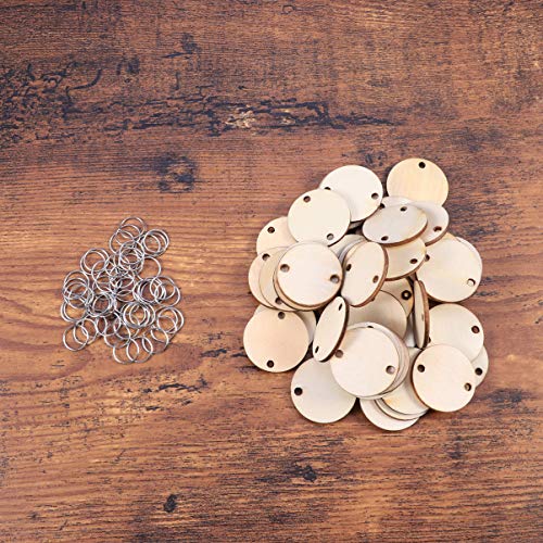 WINOMO 50pcs Round Wooden Slices with 50 Iron Loops Set Wood Discs Circles for Hanging Wooden Plaque Birthday Reminder DIY Calendar Accessories