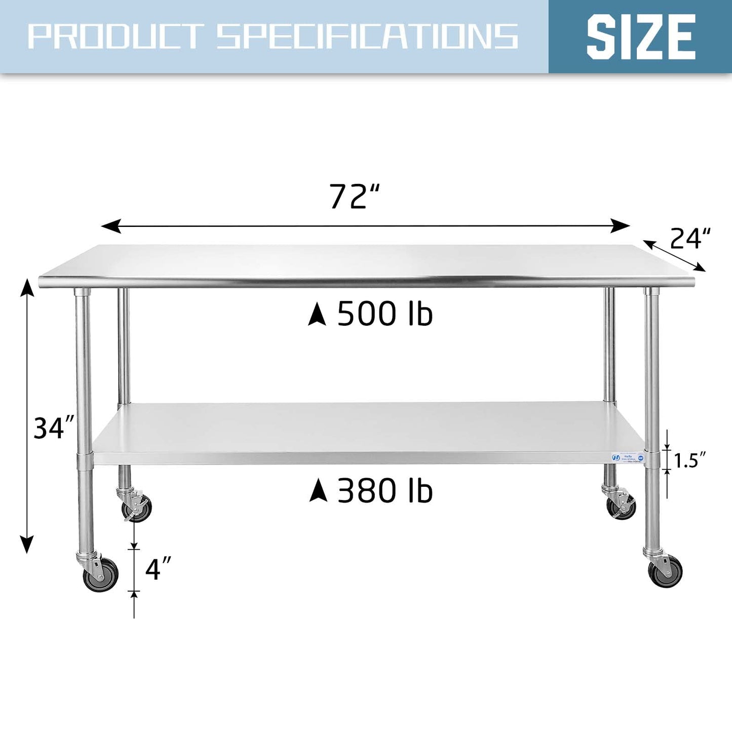 Hally Stainless Steel Table for Prep & Work 24 x 72 Inches with Caster Wheels, NSF Commercial Heavy Duty Table with Undershelf and Galvanized Legs - WoodArtSupply