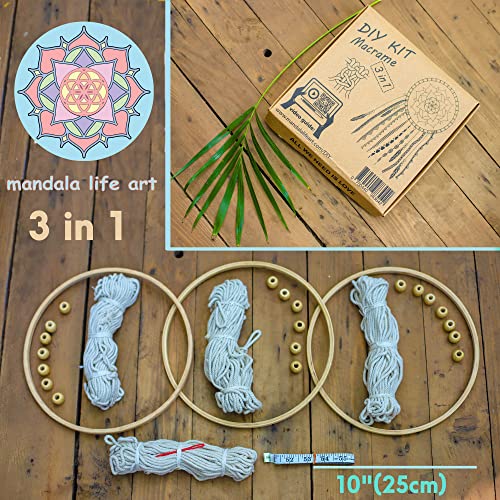 Mandala Life ART DIY Beginners Macrame Dream Catcher Kit - Set of 3 Wooden Rings Rope and Beads - Make Your Own Bohemian Wall Hanging -Hobby - WoodArtSupply