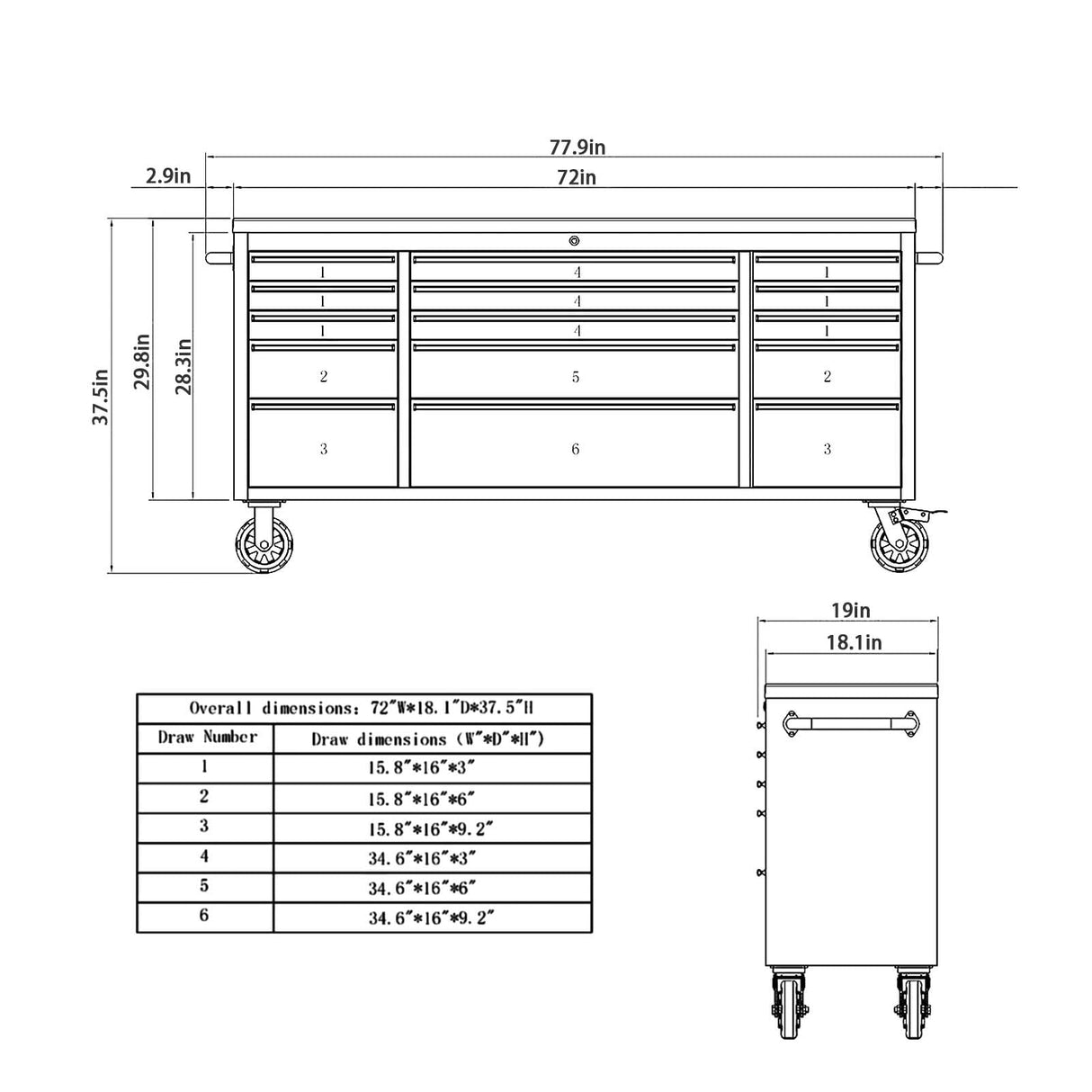 CHETTO C 72 in Tool Chest Tool Box Mobile 15 Drawers Storage Rolling Cabinet with Wheels Lock Key Locking System Drawer Liners for Garage Warehouse CHETTO C