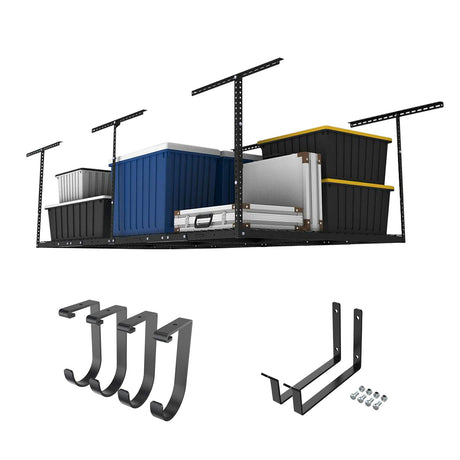 FLEXIMOUNTS 4x8 Overhead Metal Garage Storage Rack w/Hooks Adjustable Ceiling Storage Rack, 96" Length x 48" Width x 40" Height, 22''-40" Ceiling FLEXIMOUNTS