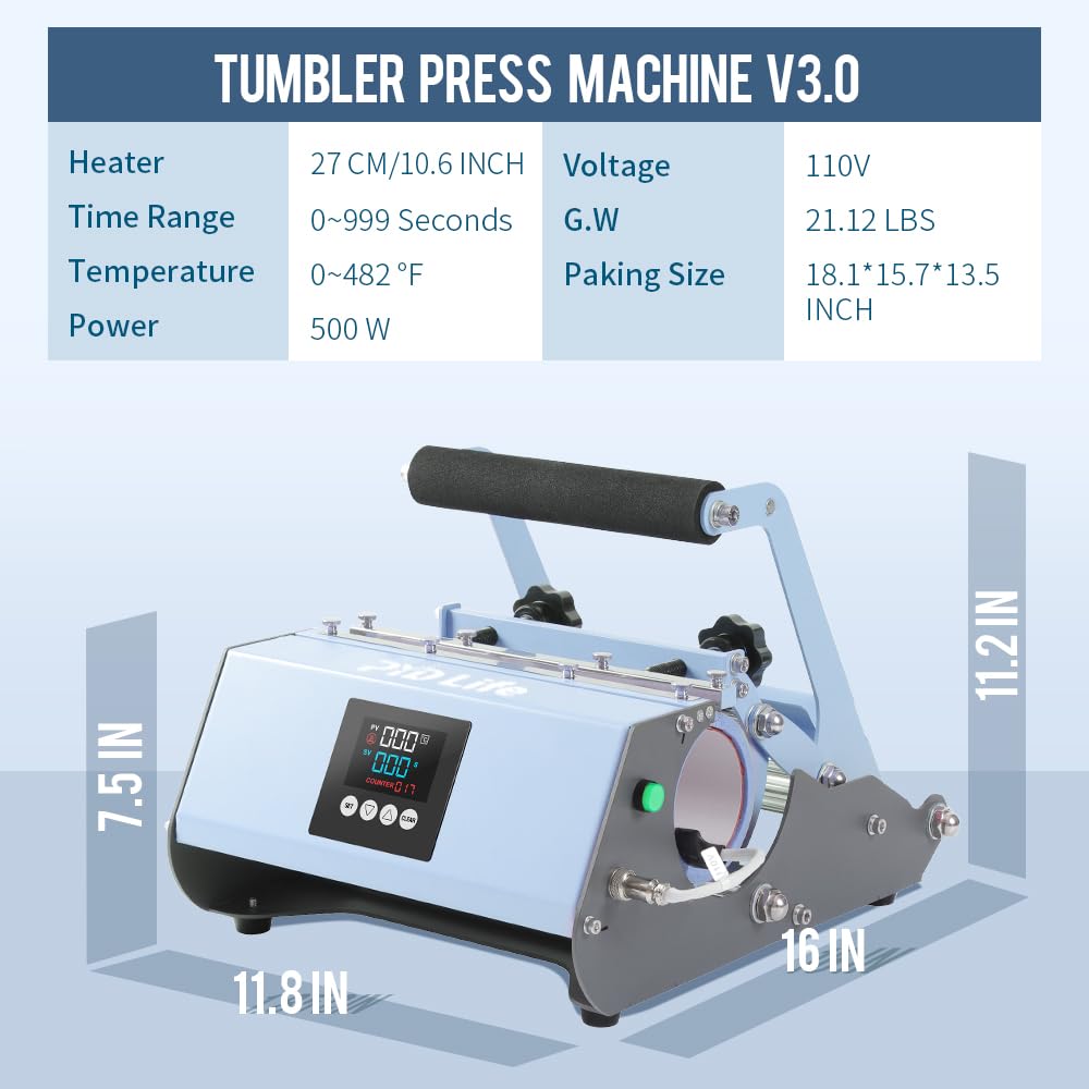 PYD Life 110 V Tumbler Heat Press Machine Blue Mug Press Machine for 30 OZ 20 OZ 16 OZ Straight Sublimation Blanks Skinny Tumbler 15 OZ 11 OZ - WoodArtSupply