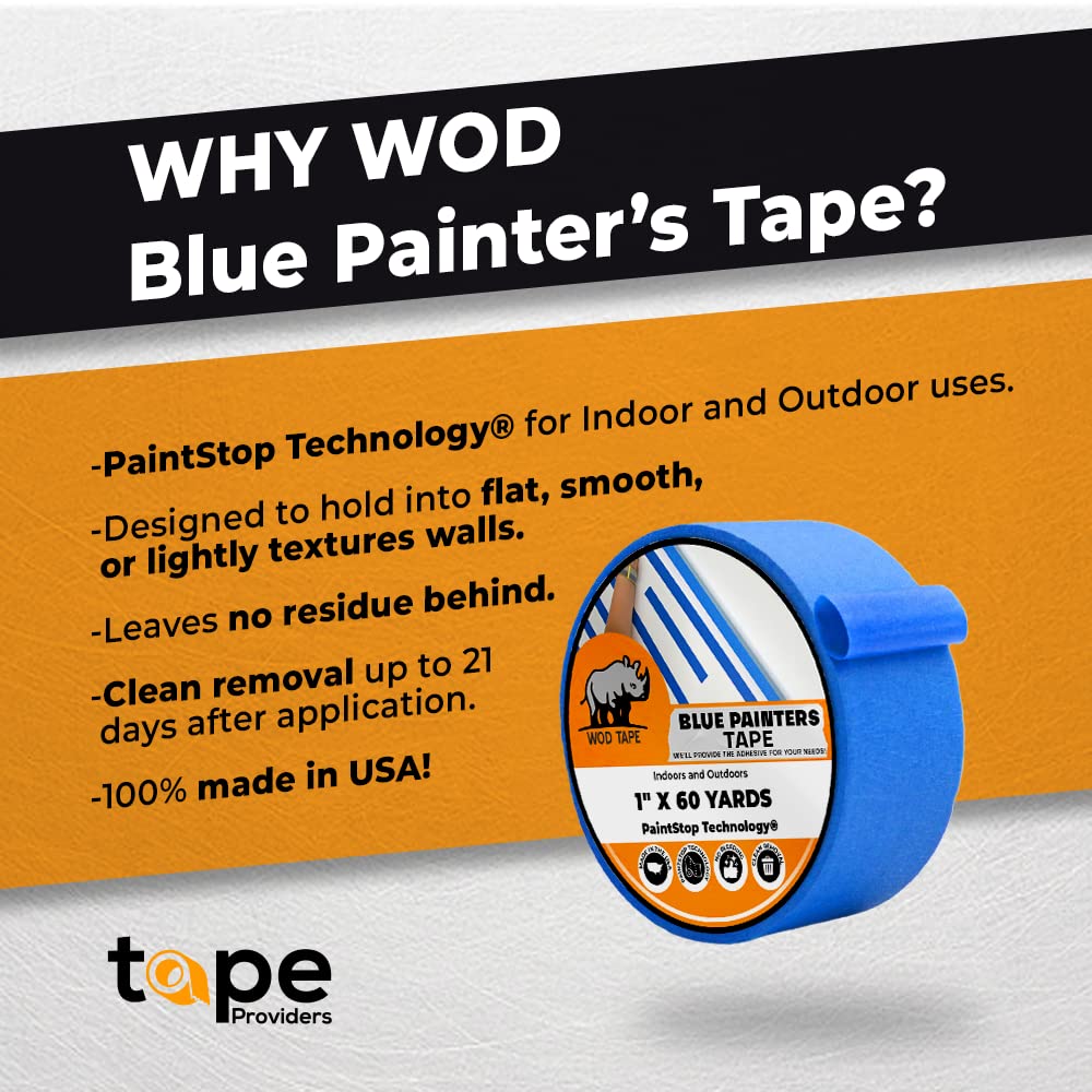 WOD PMT21B Blue Painter’s Tape - 2 inch x 60 yds. Thick & Wide Masking Tape for Safe Wall Painting, Building, Remodeling, Labeling, Edge Finishing WOD Tape
