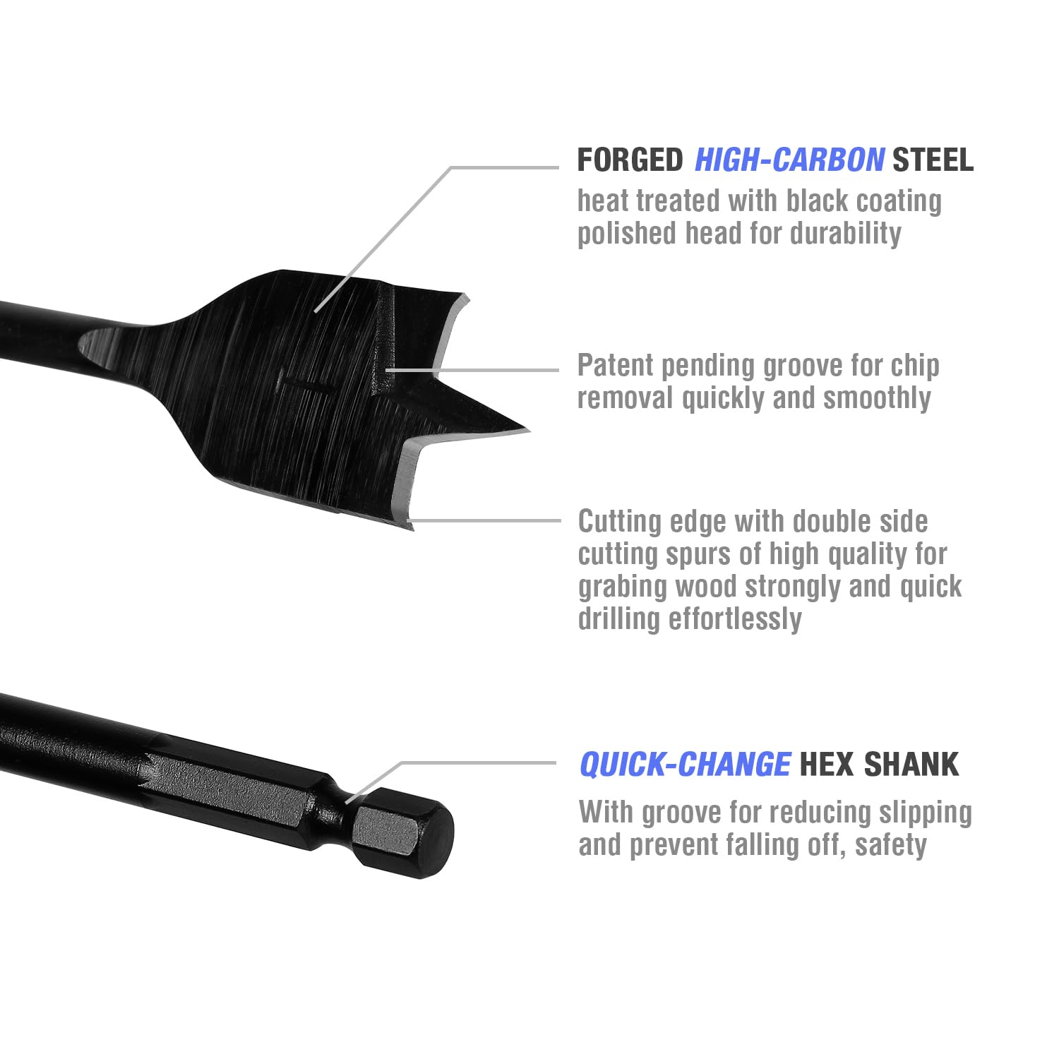 WORKPRO 10-Piece Pro Spade Drill Bit Set- Black Coating, Premium Carbon Steel, Paddle Flat Bits for Woodworking, Assorted Bits 1/4" to 1-1/2" with WORKPRO