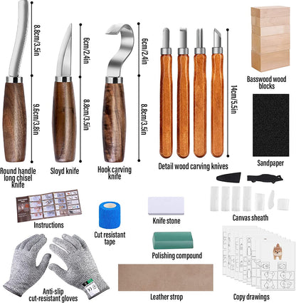 Wood Carving Tools Set 3Pcs Whittling Knife and 4Pcs K2 Carbon Steel Wood Carving Knife,Whittling Kit with 8Pcs Basswood Wood Blocks Gifts Set for Adults and Kids Beginners Wood Carving Kit Gifts
