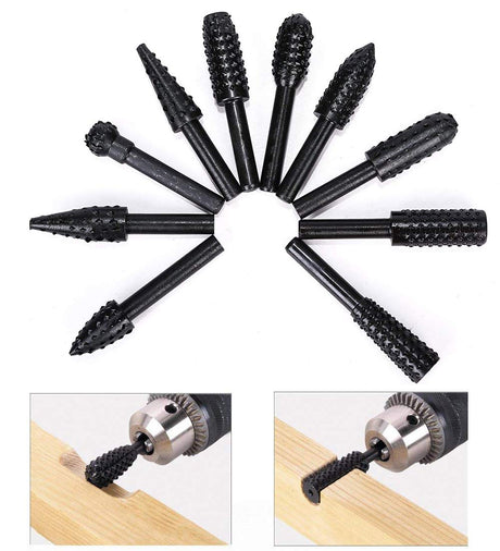 10PCS Woodworking Twist Drill Bits, Wood Carving File Rasp Drill Bits 6.3Mm(1/4") Shank Electrical Tools Woodworking Rasp Chisel Shaped Rotating WoodArtSupply