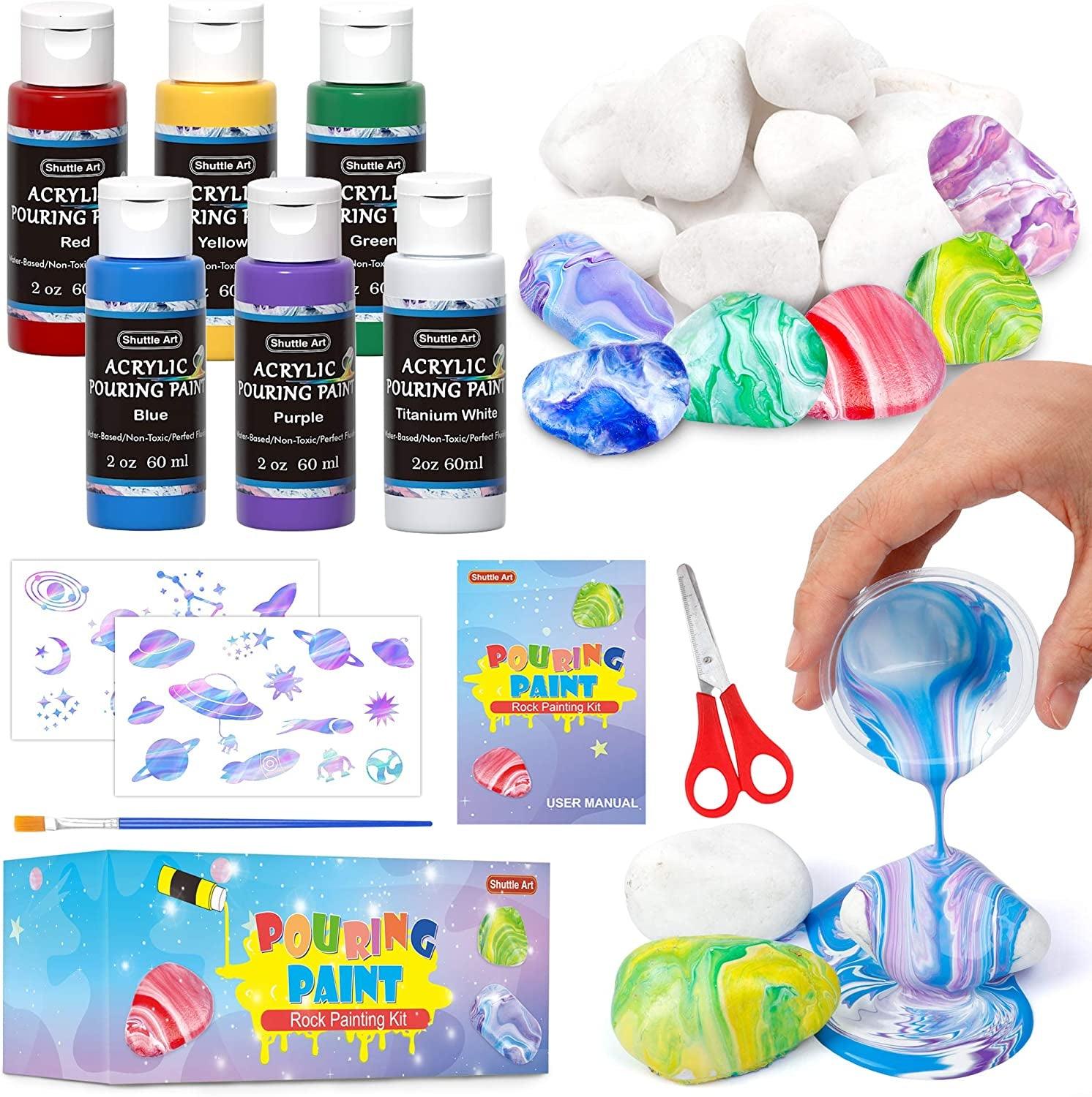 Rock Painting Kit, 6 Colors Acrylic Pouring Paint Rock Painting Kit with White Rocks - WoodArtSupply