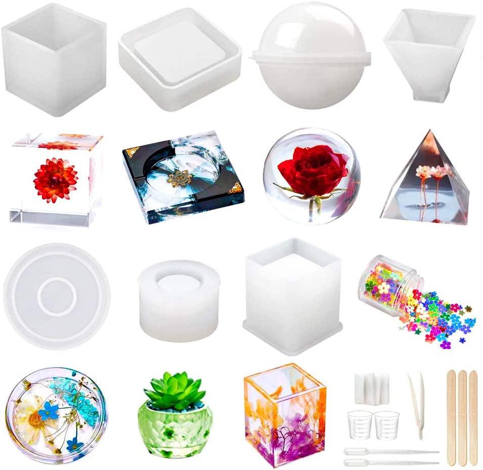 Resin Molds Silicone Kit 20Pcs,Epoxy Resin Molds Including Sphere,Cube,Pyramid,Square,Round, Used for Create Art,Diy,Ash Trays,Coasters,Candles.Bonus Decorative Sequins and the Complete Set Tools - WoodArtSupply
