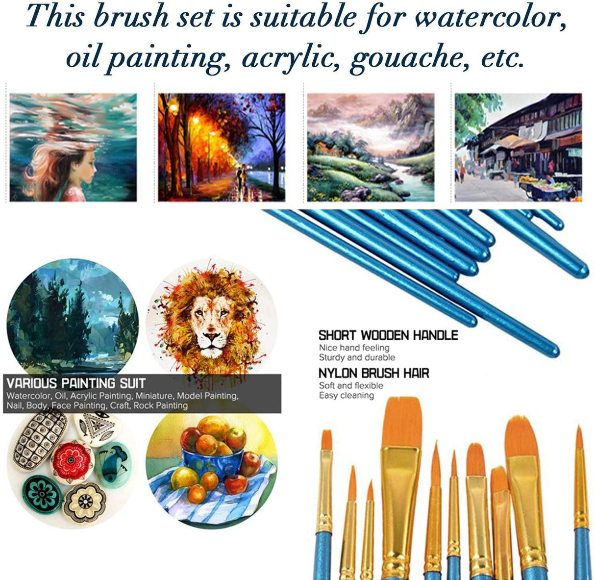 Acrylic Paint Brush Set, 1 Packs / 10 Pcs Watercolor Brushes Painting Brush Nylon Hair Brushes WoodArtSupply