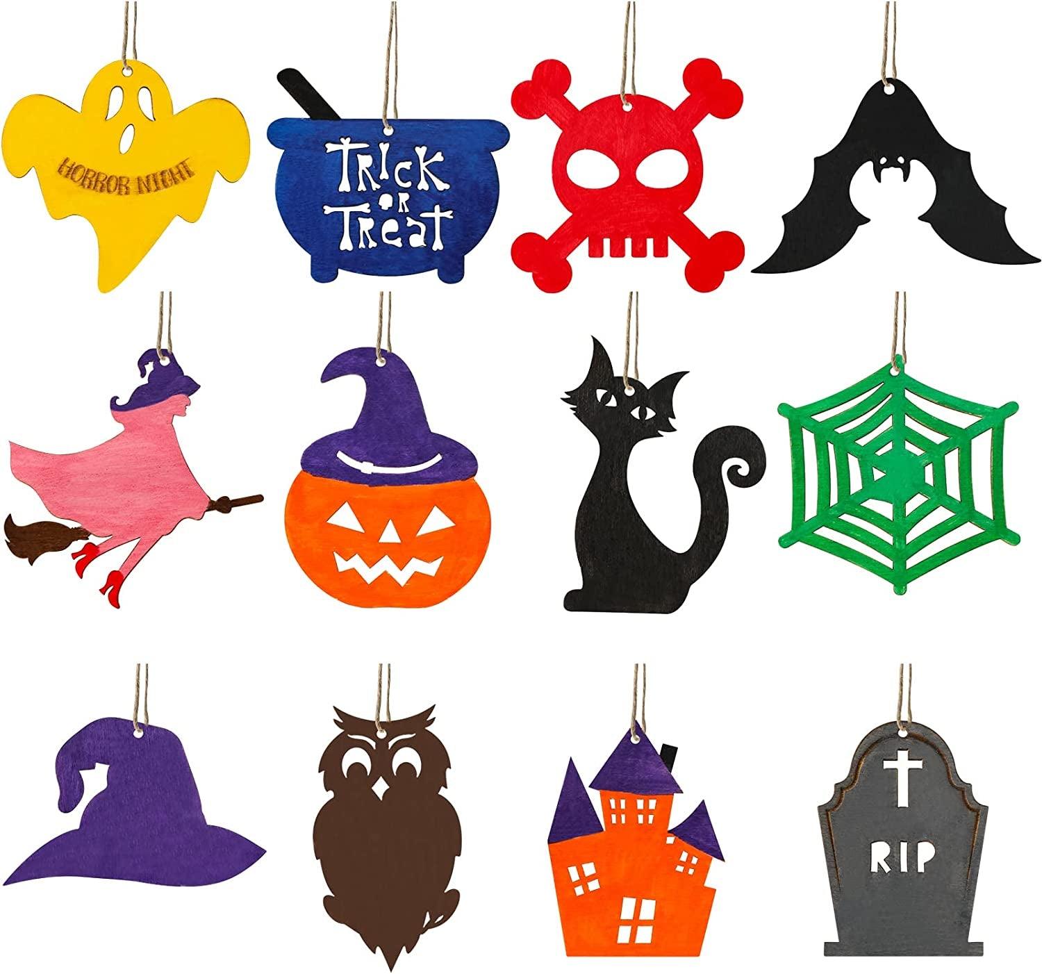 Halloween Crafts 60PCS Halloween Wooden Slices DIY Natural Wood Crafts Unfinished Predrilled Cutouts Ornaments for Kids Halloween Hanging Decorations Gifts - WoodArtSupply