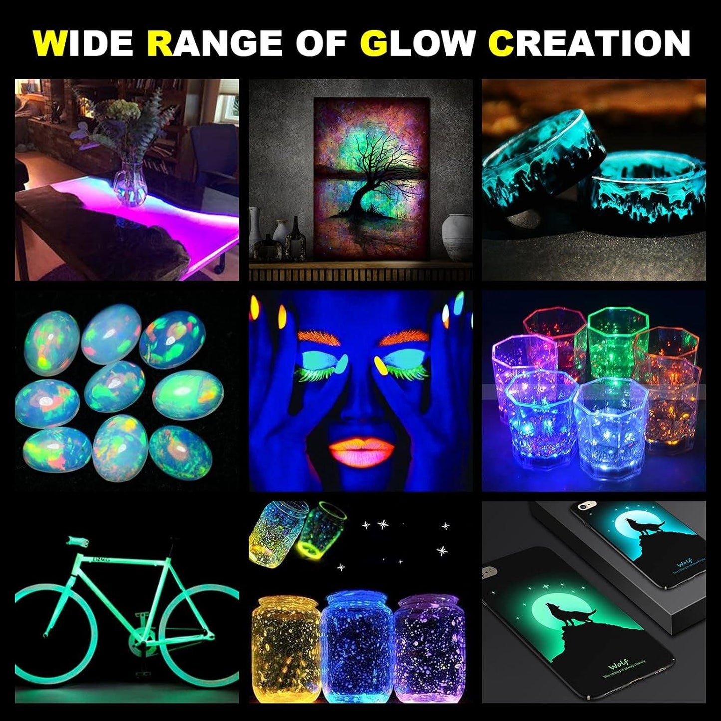 Glow in the Dark Pigment Powder (12 Colors, 0.7Oz/20G Each), Glow in the Dark Resin Pigment with UV Lamp, Glow in the Dark Mica Powder for Epoxy Resin/Acrylic Nails/Bath Bomb, Etc. - WoodArtSupply