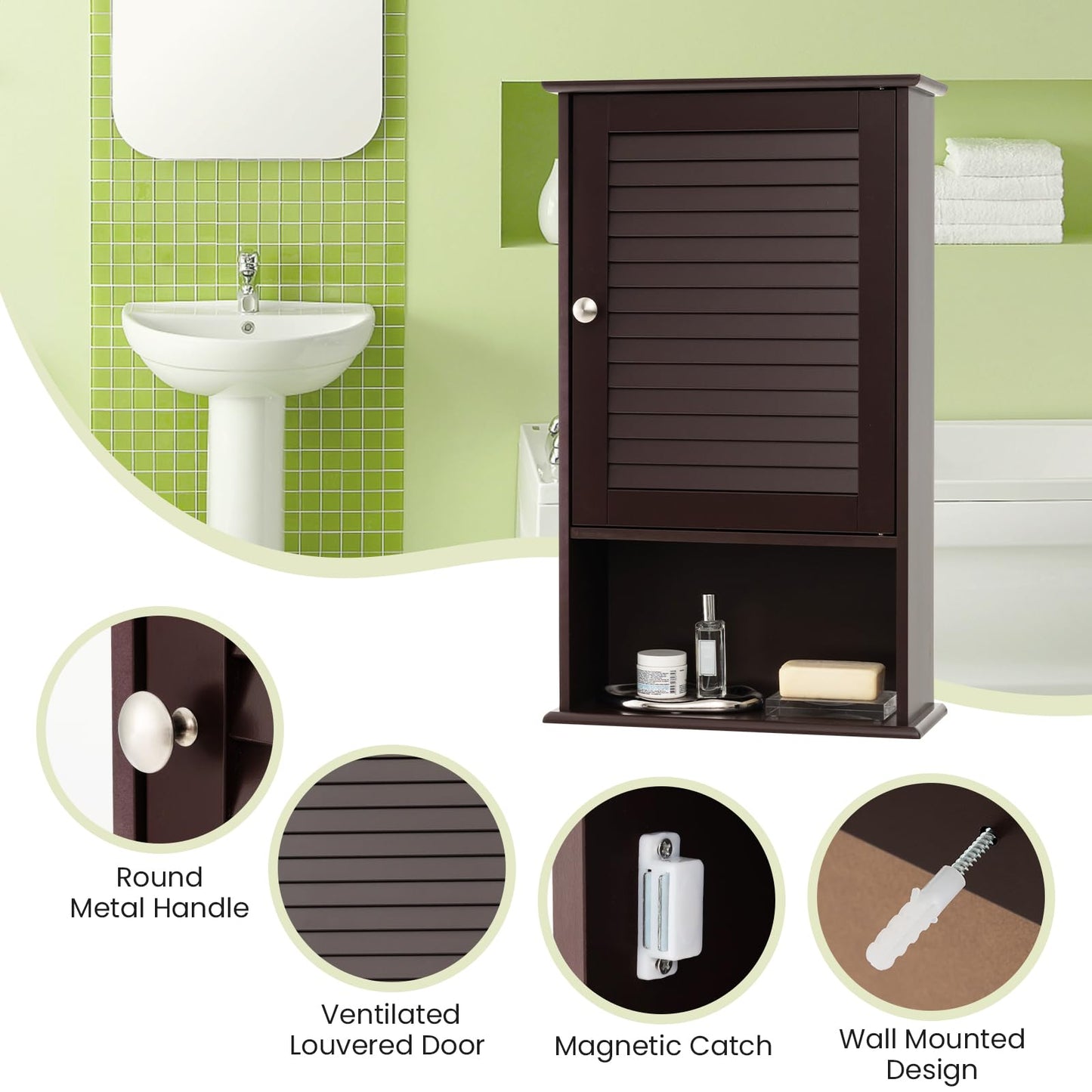 Tangkula Medicine Cabinet, Wall Mounted Bathroom Cabinet Single Door Wooden Bathroom Wall Cabinet with Adjustable Shelf (Brown)