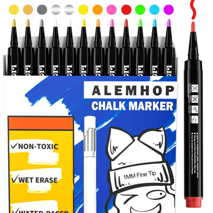 Chalk Markers - 12 Vibrant, Erasable, Fine Tip, Includes 3 Metallic Liquid Chalk Markers For Kids - Wet Erase Markers Fine Point - Chalk Board - WoodArtSupply