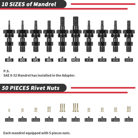 Cordless Drill Electric Rivet Gun Adapter Rivet Nut Drill Adapter Kit Including 10 Mandrel and 50Pcs Assorted Rivet Nuts, Rugged Carrying Case Beaspire