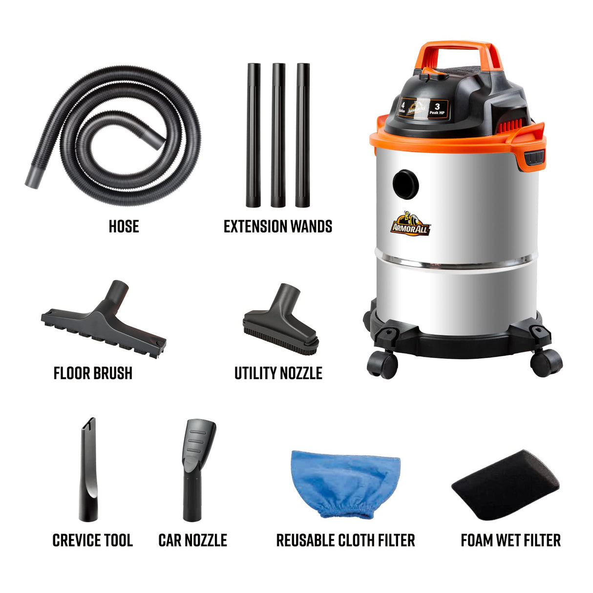 Armor All VO408S 0901 4 Gallon Wet/Dry Vac 3.0 Peak HP Shop Vacuum with 3 Nozzles and 1 Brush, Stainless Steel Tank, Orange Armor All