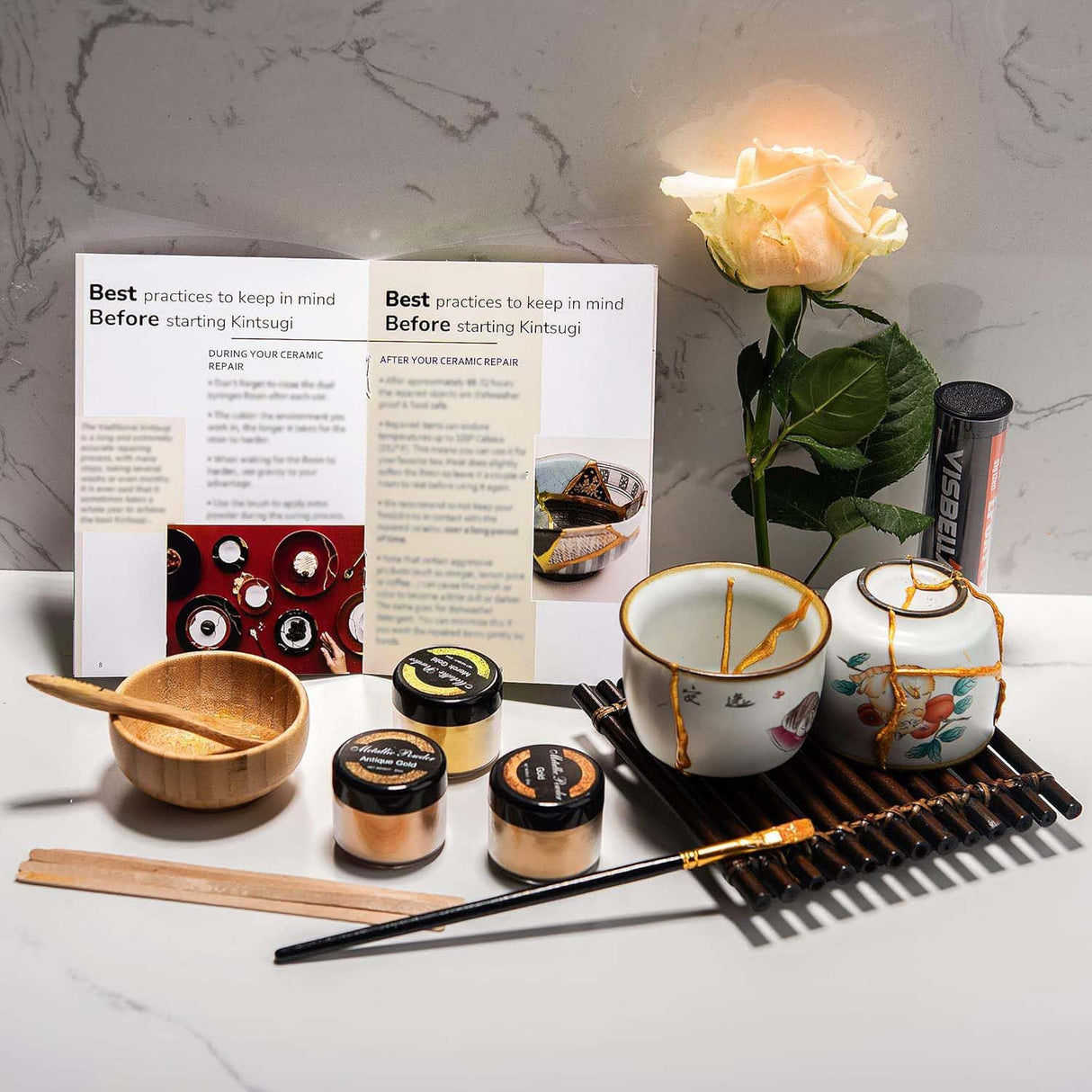 Bio Kintsugi Repair Kit Gold with Complet 15 Pages Booklet Manual 60g Gold Mica Powder for Japanese Gold Repair Kit DIY Craft Kits for Adults Pottery Plearty