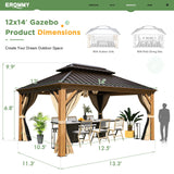 EROMMY 12' x 14' Gazebo, Wooden Finish Coated Aluminum Frame Canopy with Double Galvanized Steel Hardtop Roof, Outdoor Permanent Metal Pavilion with EROMMY