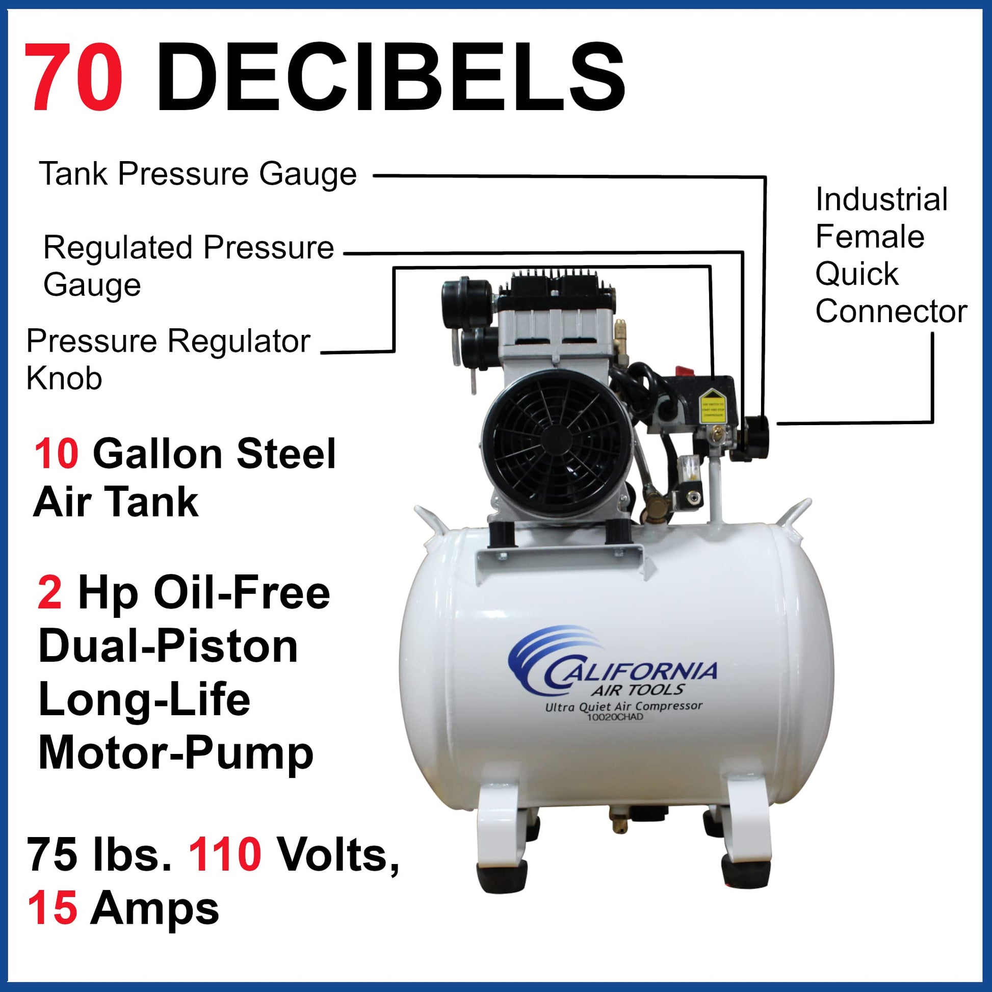 California Air Tools 10020CHAD Ultra Quiet & Oil-Free 2.0 Hp, 10.0 Gal. Steel Tank Air Compressor with Auto Drain Valve - WoodArtSupply