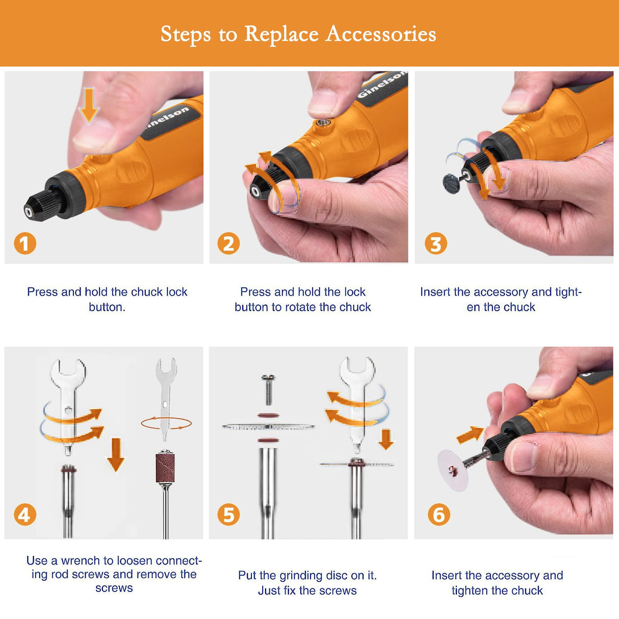 GINELSON Cordless Rotary Tool, 2000 mAh Battery Pack, 5-Speed and USB-C Charging Rotary Tool Kit with 64 Accessories, Multi-Purpose 3.7V Power Rotary GINELSON