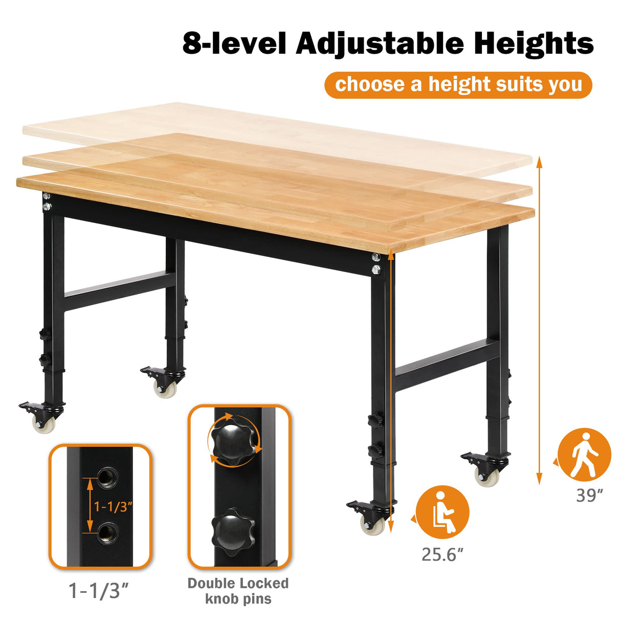 Betterhood 48" Heavy-Duty Adjustable Workbench for Garage, Rubber Wood Shop Table W/Metal Wheels, Hardwood Workstation Weight Capacity Over 2000 Lbs Betterhood