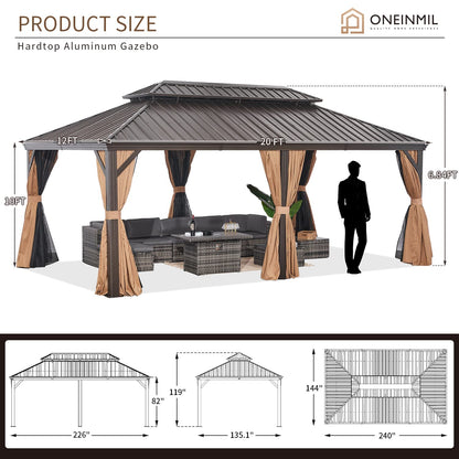 oneinmil 12x20FT Outdoor Gazebo, Heavy Duty Metal Double Roof Hardtop Gazebo with Aluminum Frame and Netting and Curtains for Patios - WoodArtSupply