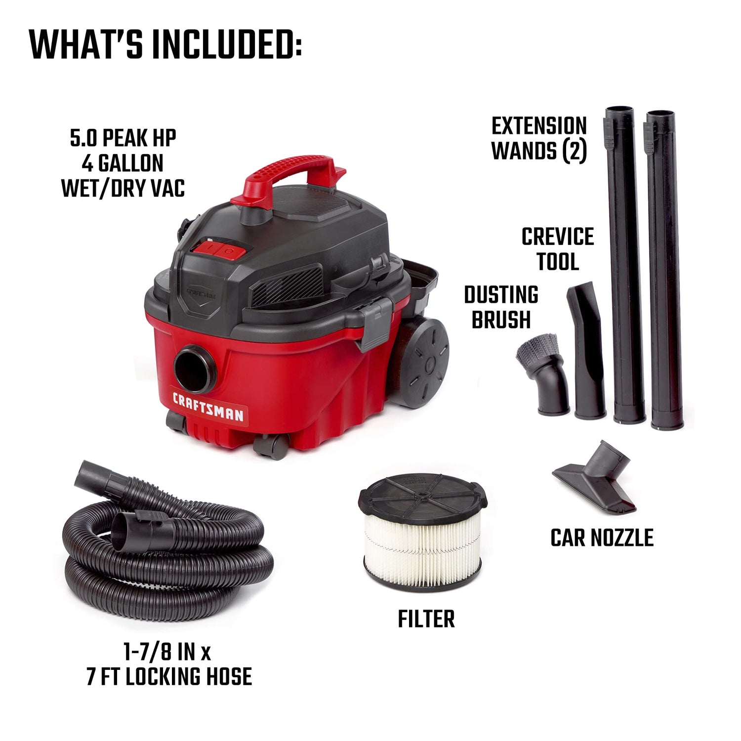 Craftsman CMXEVBE17040 4 Gallon 5.0 Peak HP Wet/Dry Vac, Portable Shop Vacuum with Attachments Craftsman