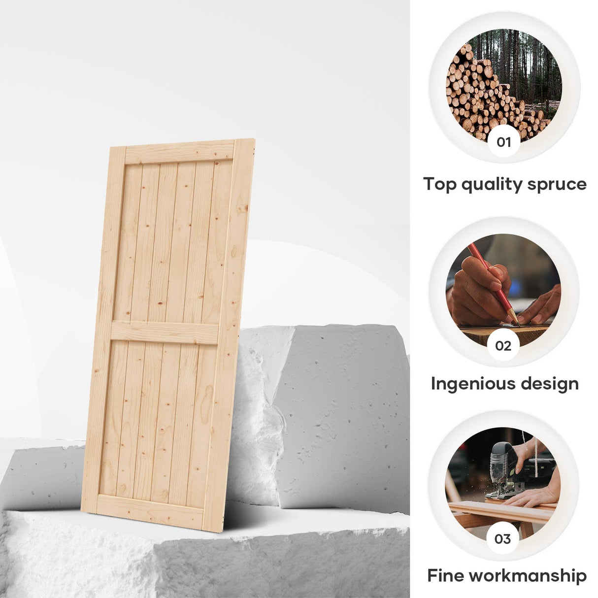 EaseLife 36in x 84in Sliding Barn Wood Door,Interior Doors,DIY Assemblely,Solid Natural Spruce Panelled Slab,Easy Install,Apply to Rooms & Storage EaseLife