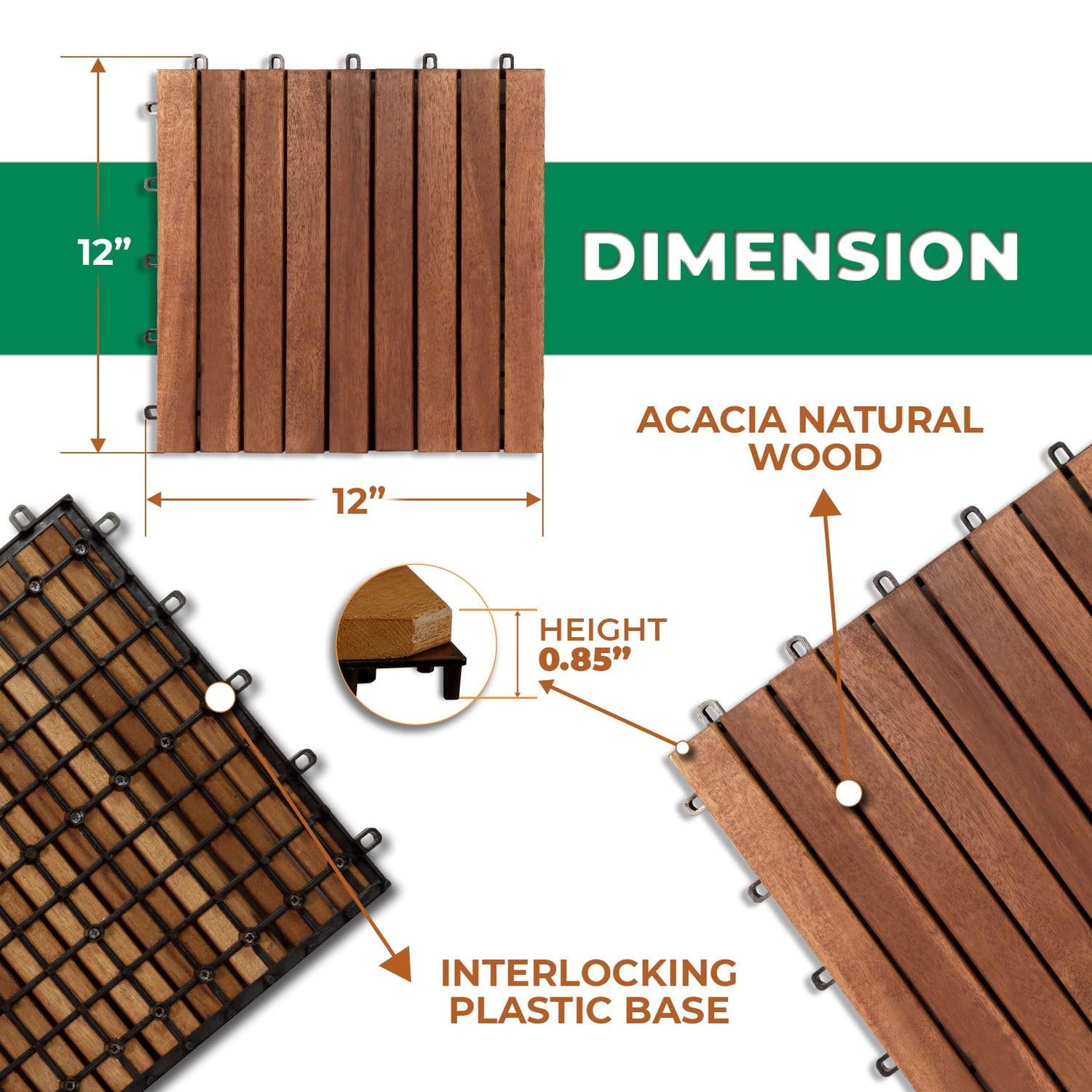 Solid Wood Interlocking Flooring Tiles (Pack of 10, 12" x 12"), Solid Wood Deck Tiles Interlocking, Patio Tiles Outdoor Interlocking Waterproof All LOAQUA