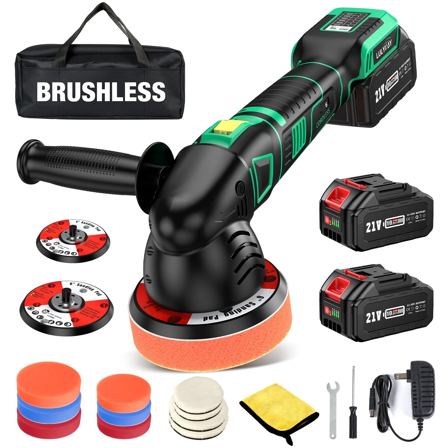 LULYDAY 21V Cordless Buffer Polisher, 5 & 6 inch Car Buffer Polisher with 15mm Random Orbital, w/ 2 X 4.0Ah Batteries, 6 Variable Speed Dual Action - WoodArtSupply