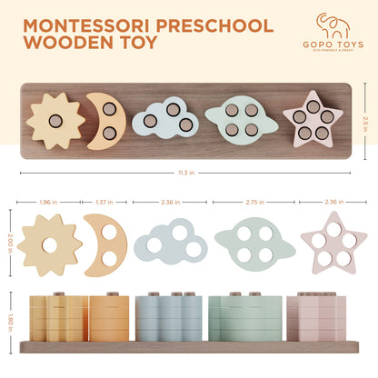 GOPO TOYS Montessori Toys for 18+ Months Old - Toddlers Wooden Sorting and Stacking Toys for Baby Boys and Girls - Shape Sorter and Color Stacker