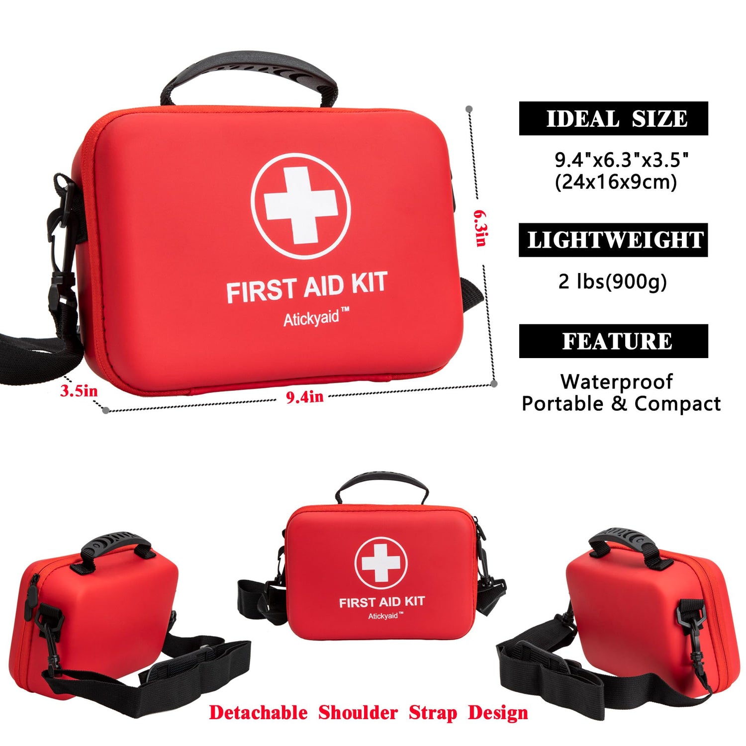 First Aid Kit 340 Piece, Premium Waterproof Hard Shell Medical Kit for Car, Home, Office, Travel, Camping, Sports, Outdoor, School - Emergency First Atickyaid