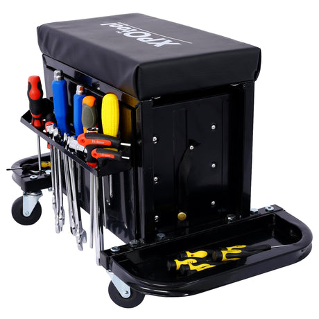AMZOSS 3-Drawer Rolling Tool Chest Seat Garage Glider Mechanic Stool with Magnetic Side Trays, Heavy Duty Rolling Tool Box for Warehouse, Workshop, AMZOSS