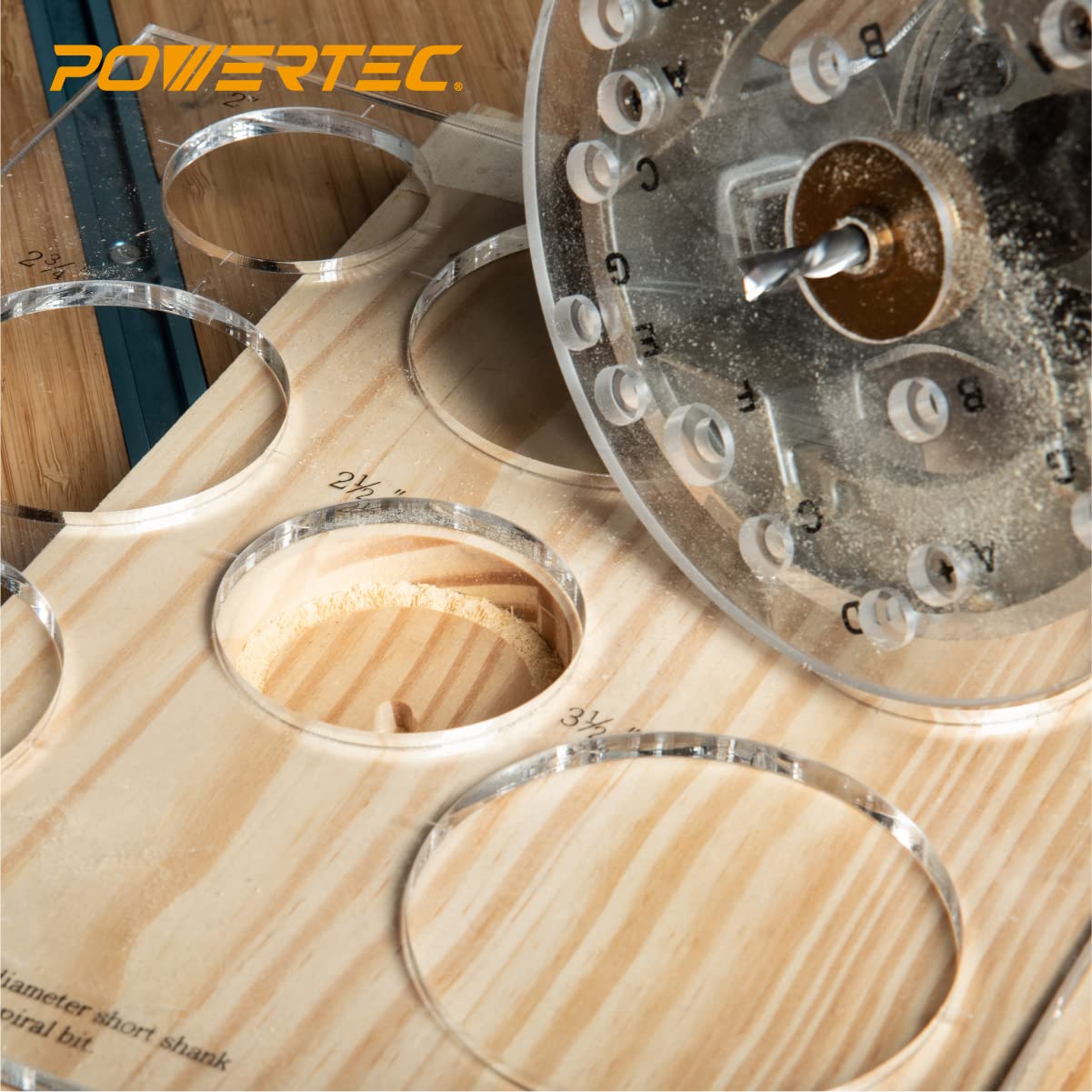 POWERTEC 71622 12 x 10 inch Clear Acrylic Decorative Templates, Circle/Grommet/Round Inlay Stencil Templates for Woodworking, Set of 2 POWERTEC