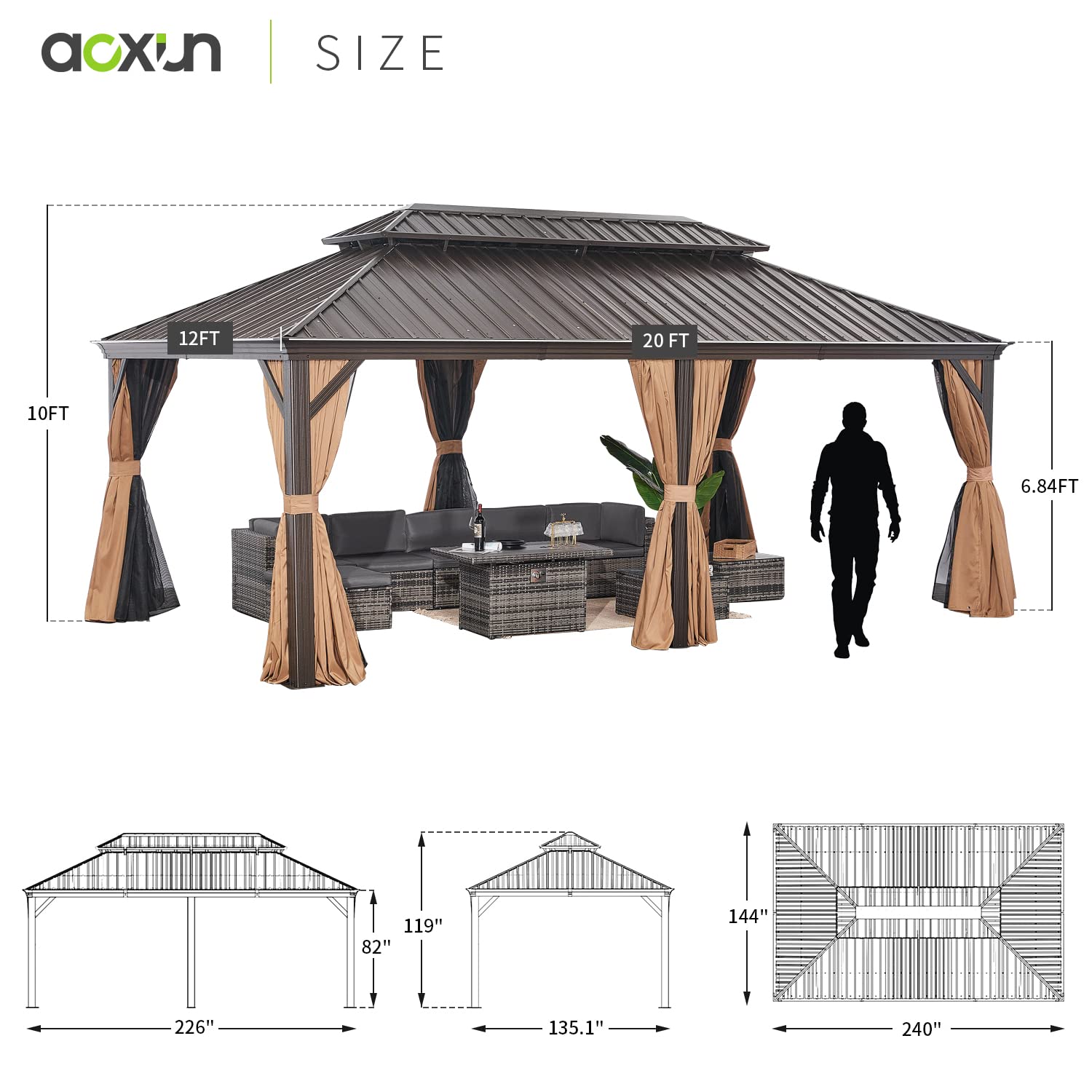 Aoxun 12' X 20' Permanent Hardtop Gazebo Aluminum Gazebo with Galvanized Steel Double Roof for Patio Lawn and Garden, Curtains and Netting Included, Aoxun