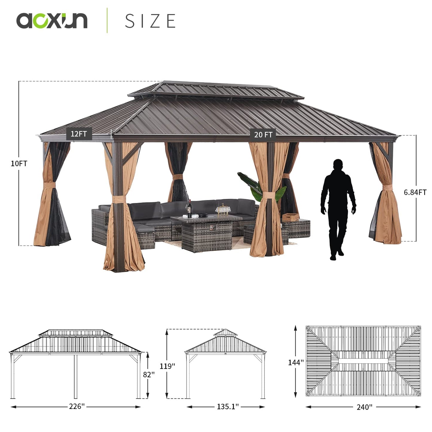 Aoxun 12' X 20' Permanent Hardtop Gazebo Aluminum Gazebo with Galvanized Steel Double Roof for Patio Lawn and Garden, Curtains and Netting Included,