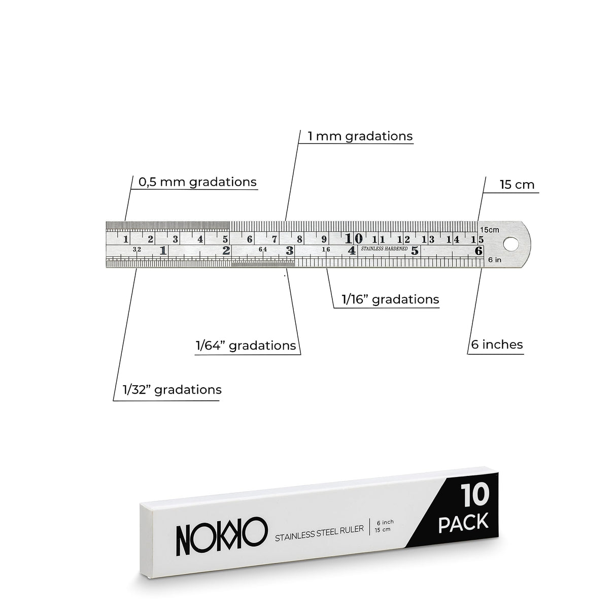 NOKKO Metal Ruler 6 Inch - Pack of 10 - Stainless Steel Ruler Set with Straight Edge Rulers - Precise Metric & Imperial Measurements - Ideal for NOKKO