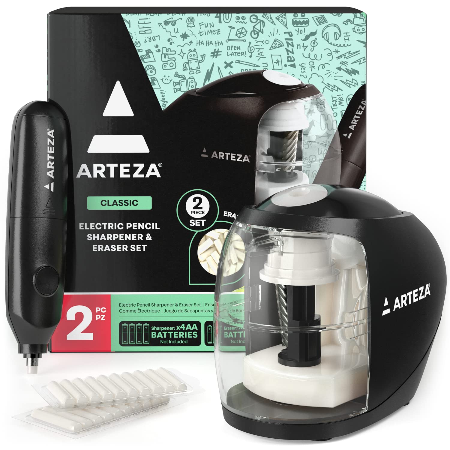 Arteza Pencil Sharpener and Electric Eraser Set, Black, for 8-mm Pencils, 20 Eraser Refills, Office Supplies for Teachers, Students, Classrooms, and ARTEZA